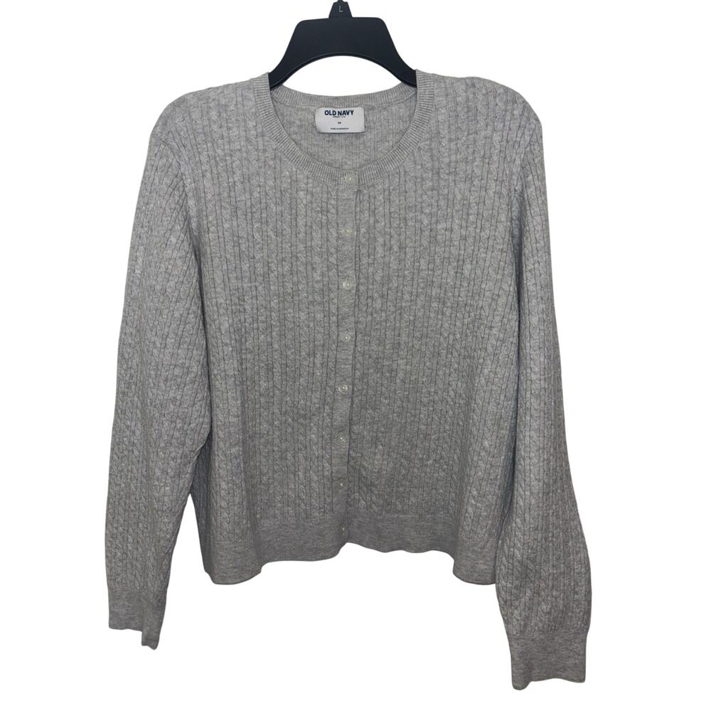 Old Navy SoSoft Lift Gray Cable Knit Crewneck Cardigan 2X Fisherman Preppy